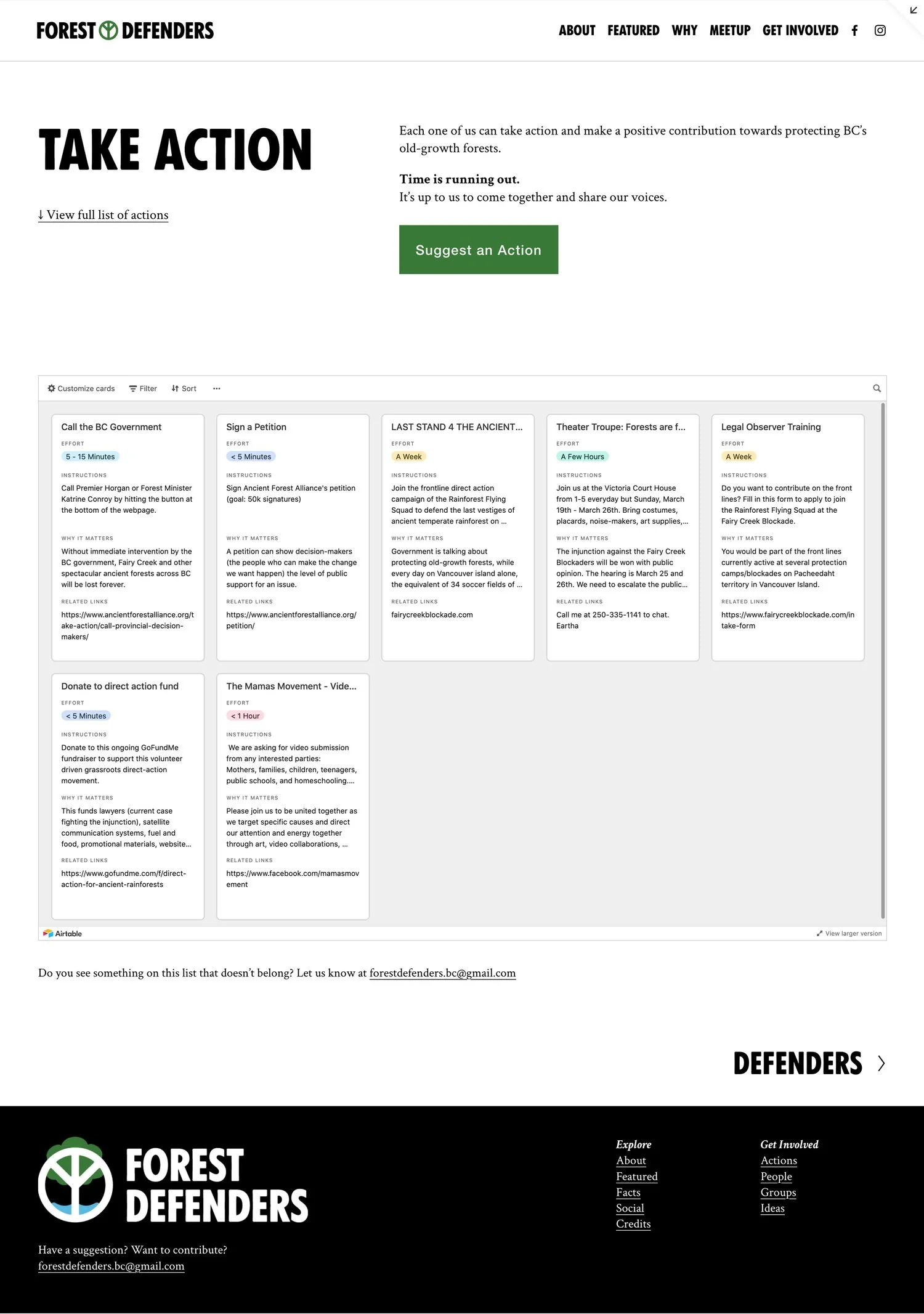 Forest Defenders website Take Action page
